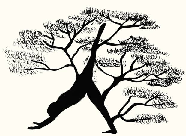 Illustration à l'encre : silhouette en posture du guerrier fondue dans un pin