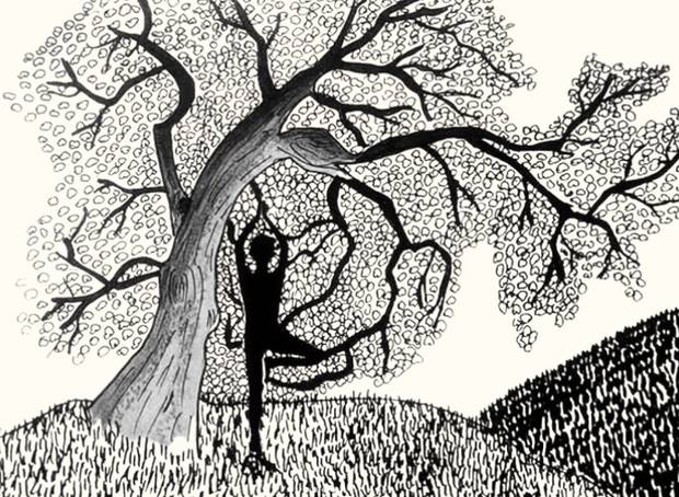 Illustration à l'encre : silhouette en posture de l'arbre sous un grand arbre