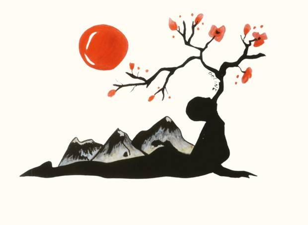 Illustration : silhouette allongée, montagnes et branche fleurie sous un soleil rouge