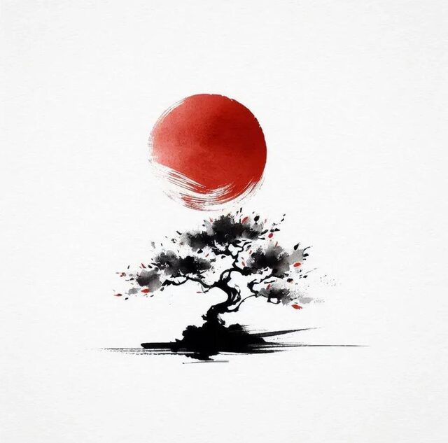 Illustration à l'encre : un bonsaï sous un soleil rouge